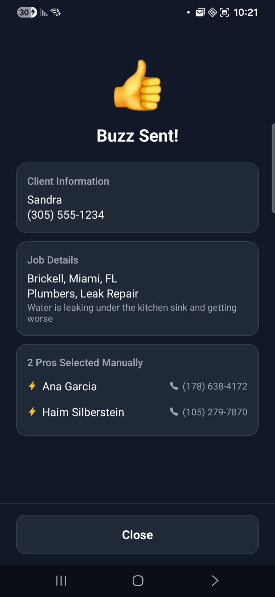 Buzz Sent Screen